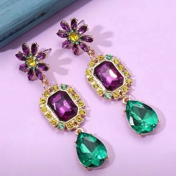 Purple Green Gold Dangling Statement Earrings Whimsical Prom Festival Jewelry